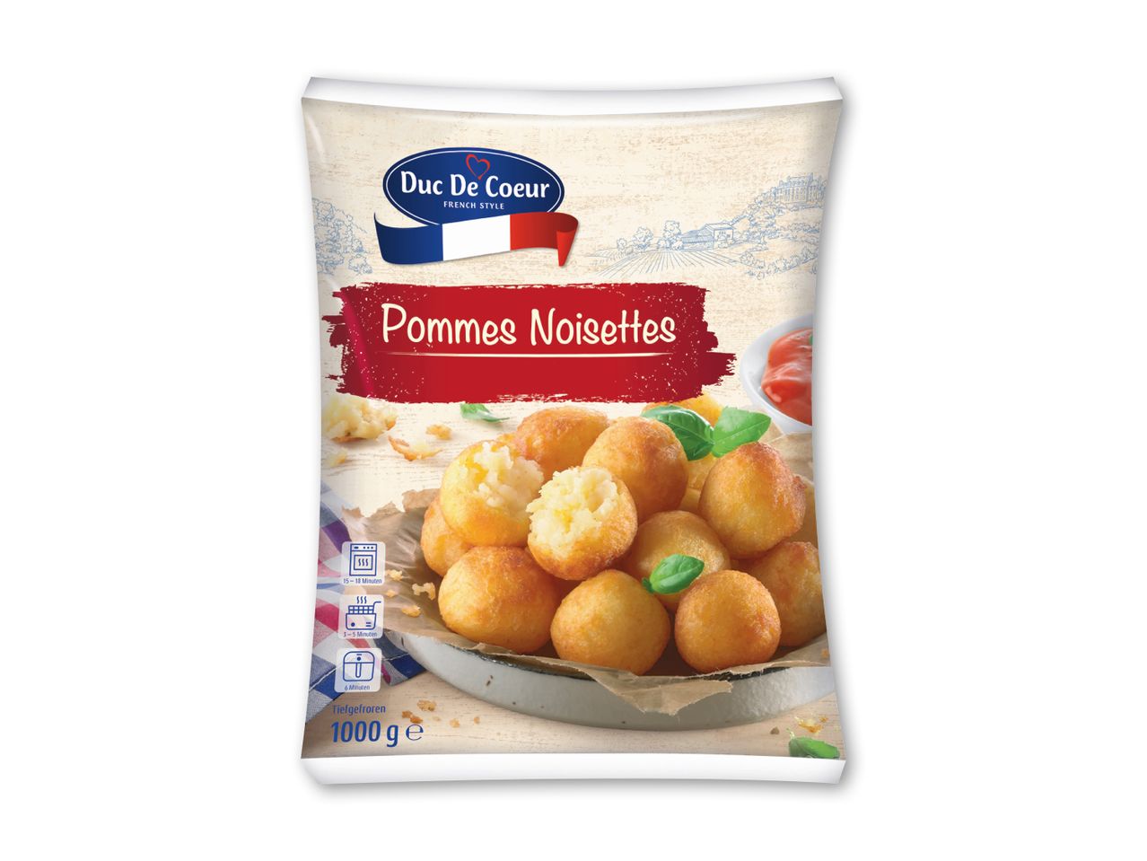 En pose med Duc De Coeur Pommes Noisettes, frosne kartoffelbolde.