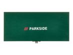 Green rectangular box with a silver clasp, featuring a white logo with red stripes.
