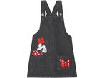 Minnie Mouse denim overall dress with red polka dot bow and character graphic
