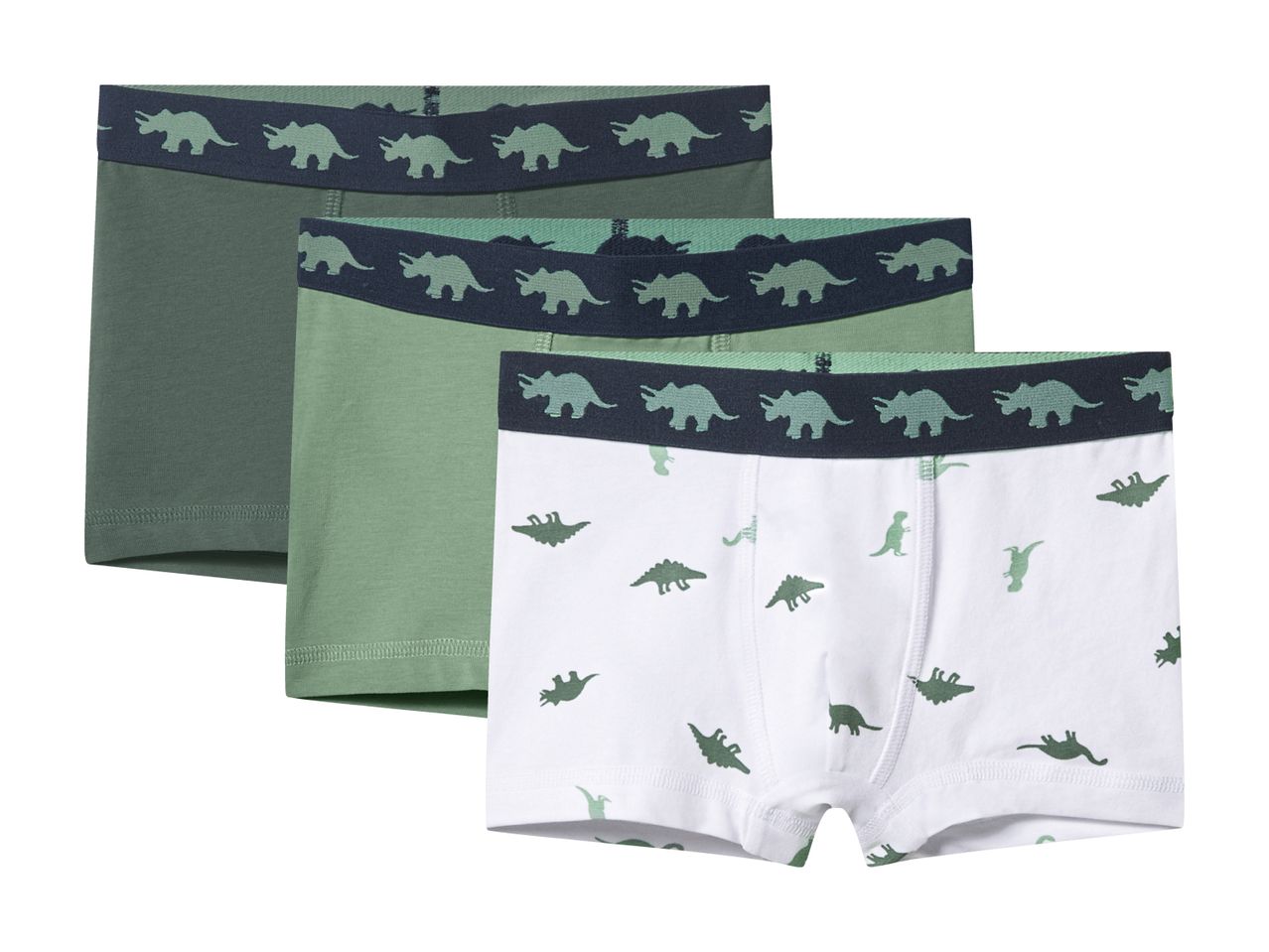 Three pairs of boys' dinosaur-themed boxer briefs in green and white.