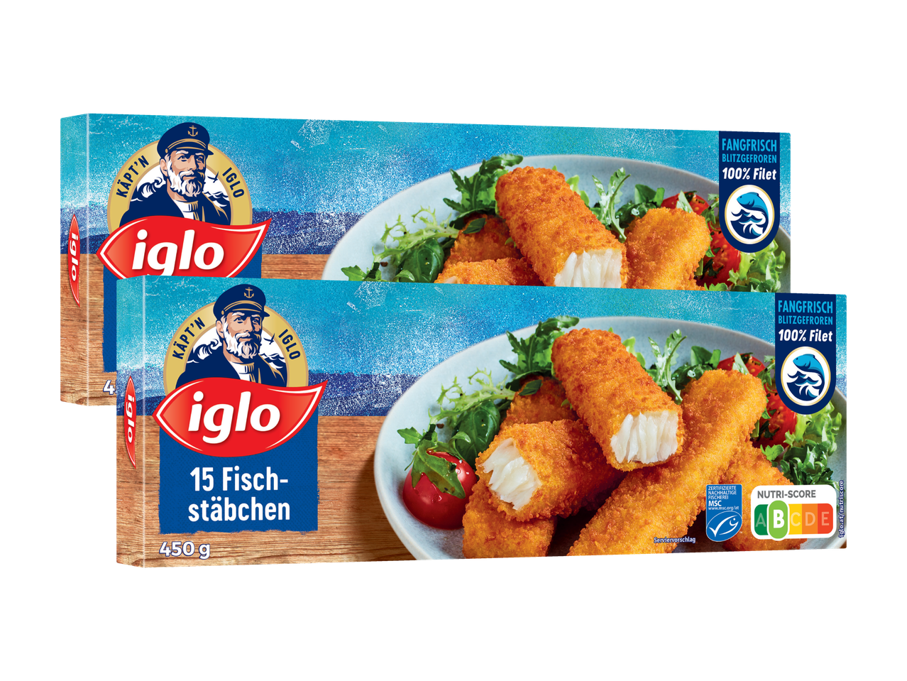 Zwei Packungen Iglo Fischstäbchen mit 15 Stück und 450g, mit Käpt'n Iglo Logo und Nutri-Score.