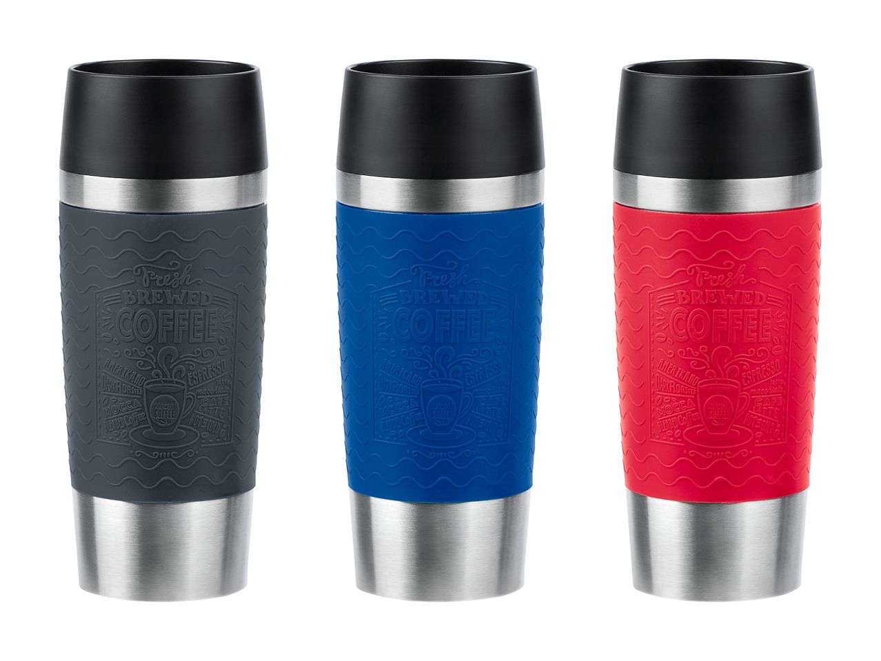 Tre termokrus i grå, blå og rød med kaffetema-design.