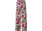 Pantaloni Palazzo ESMARA cu imprimeu floral de hibiscus roz și frunze verzi.