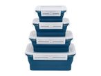 Stack of four collapsible blue food storage containers with white lids.