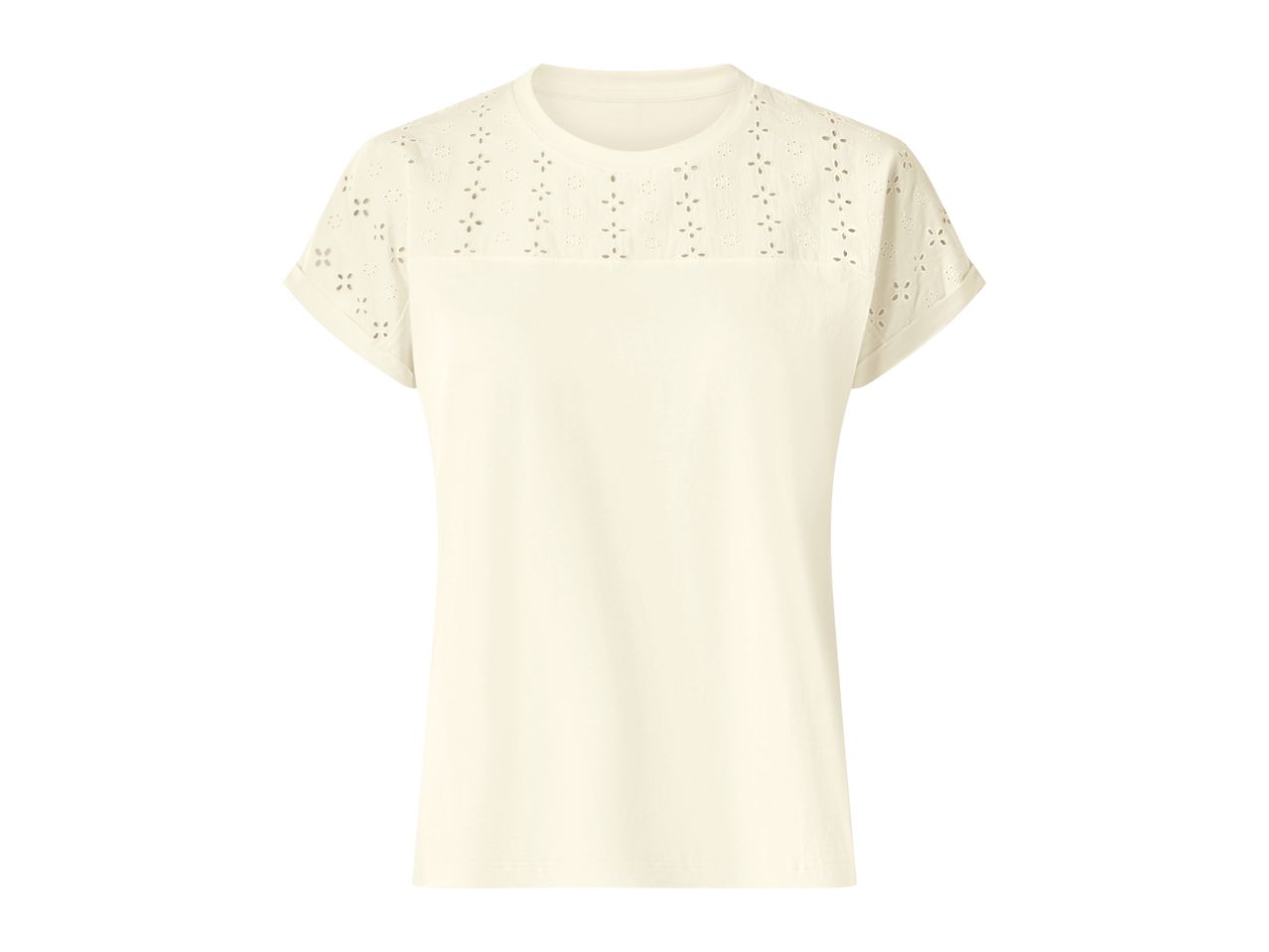 Cream-colored women's t-shirt with short sleeves and embroidered details on the shoulders.