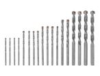 A set of various sized masonry drill bits with carbide tips, arranged from smallest to largest.