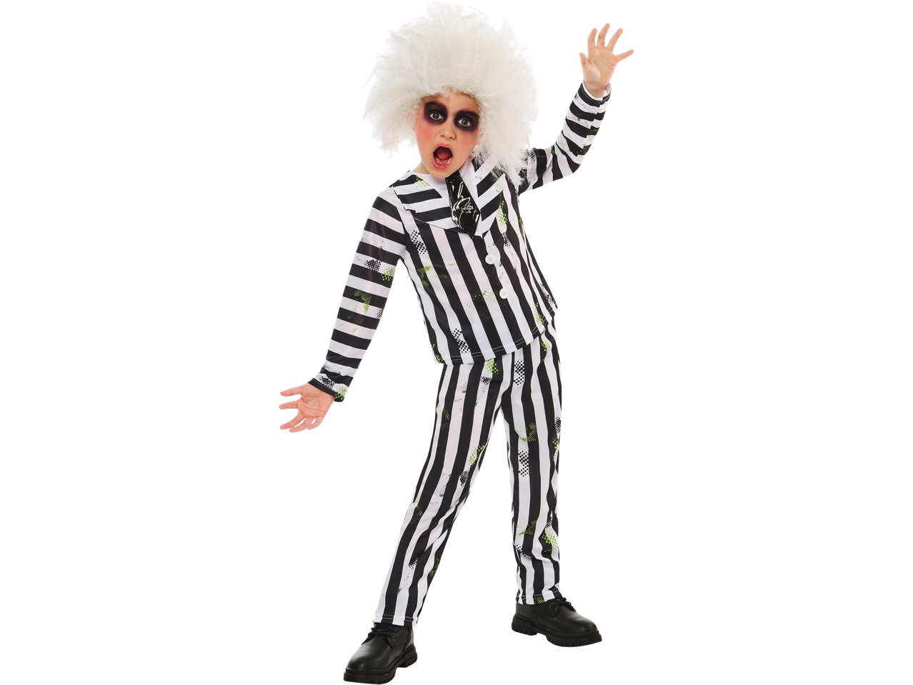 Child in a Beetlejuice costume with a white wig, striped suit, and dark makeup.