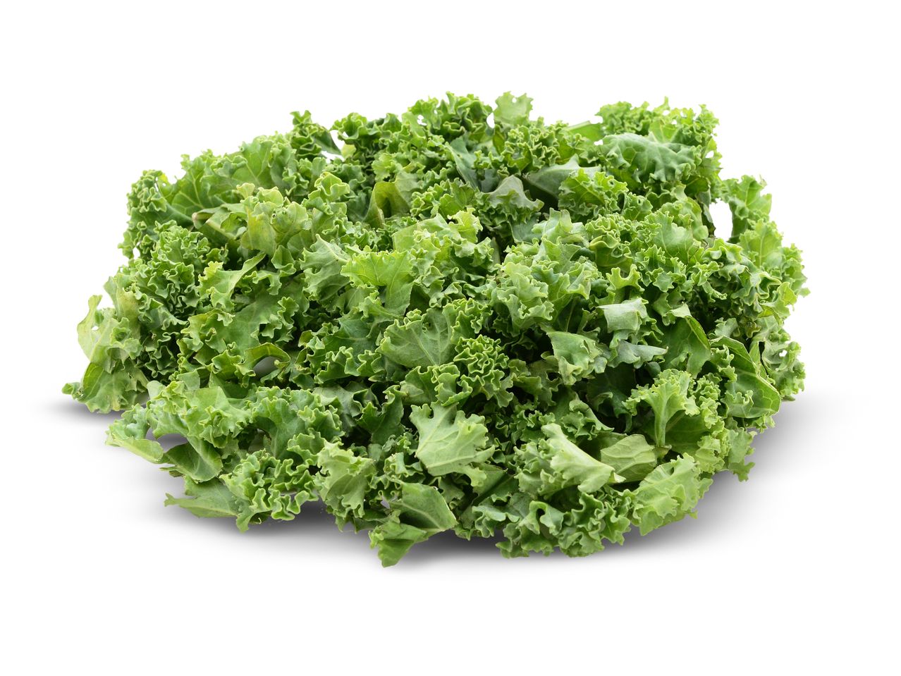 A pile of fresh, green kale leaves on a white background.
