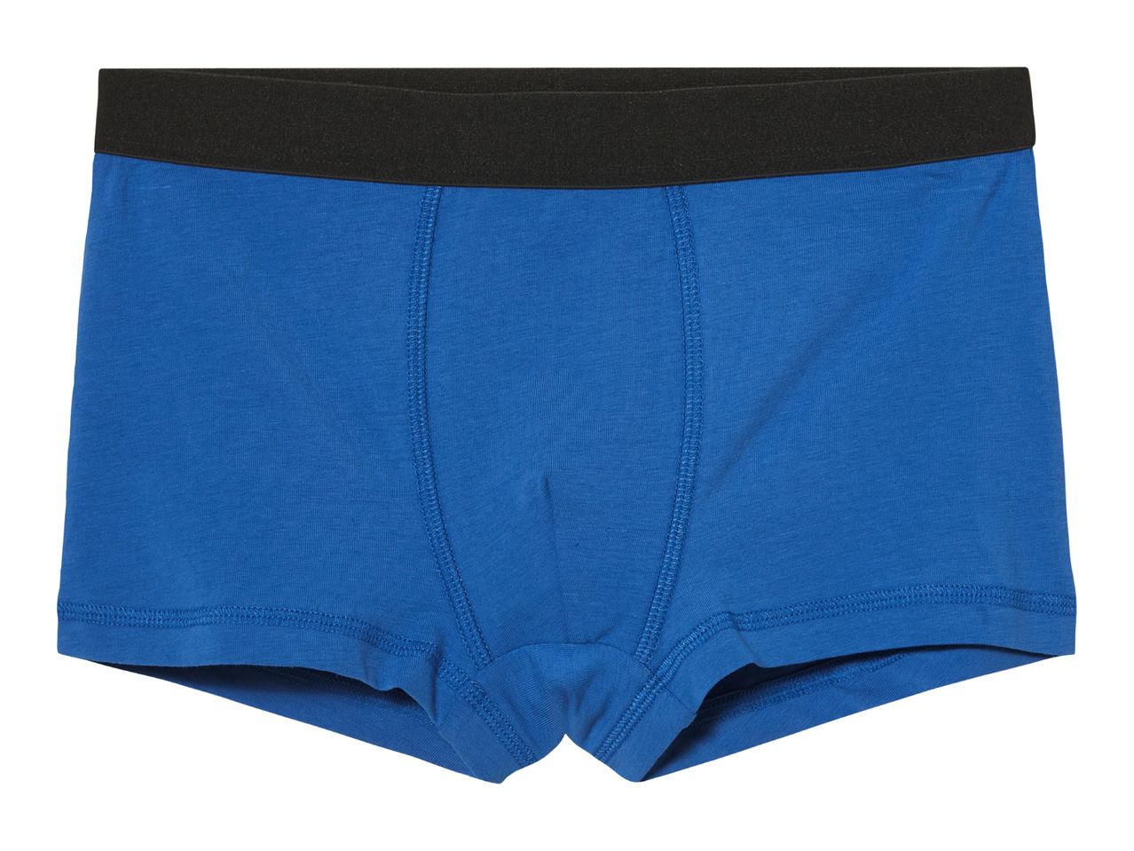 A pair of blue men's boxer briefs with a black waistband.