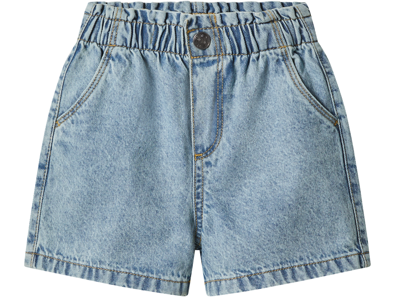 Light blue denim shorts with an elasticated waist and front pockets.