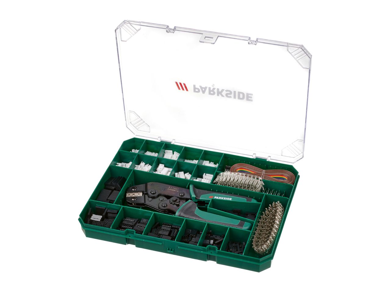 A green organizer box filled with various electrical connectors, crimping tool, and wires.