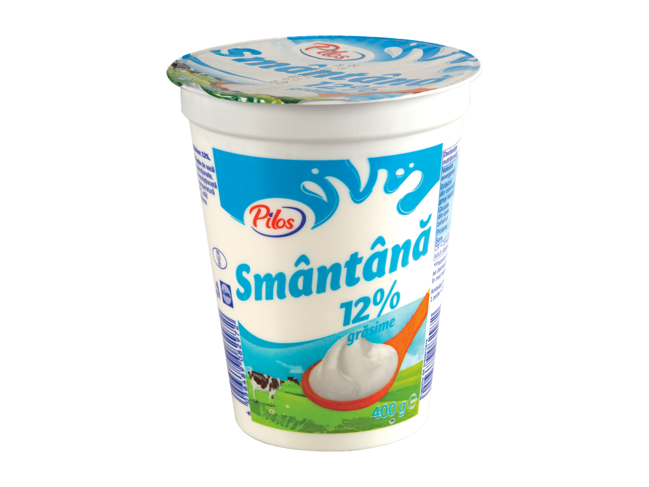 Un recipient de 400g de smântână Pilos cu 12% grăsime.