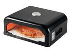 Pizza baking in a black pizza oven.