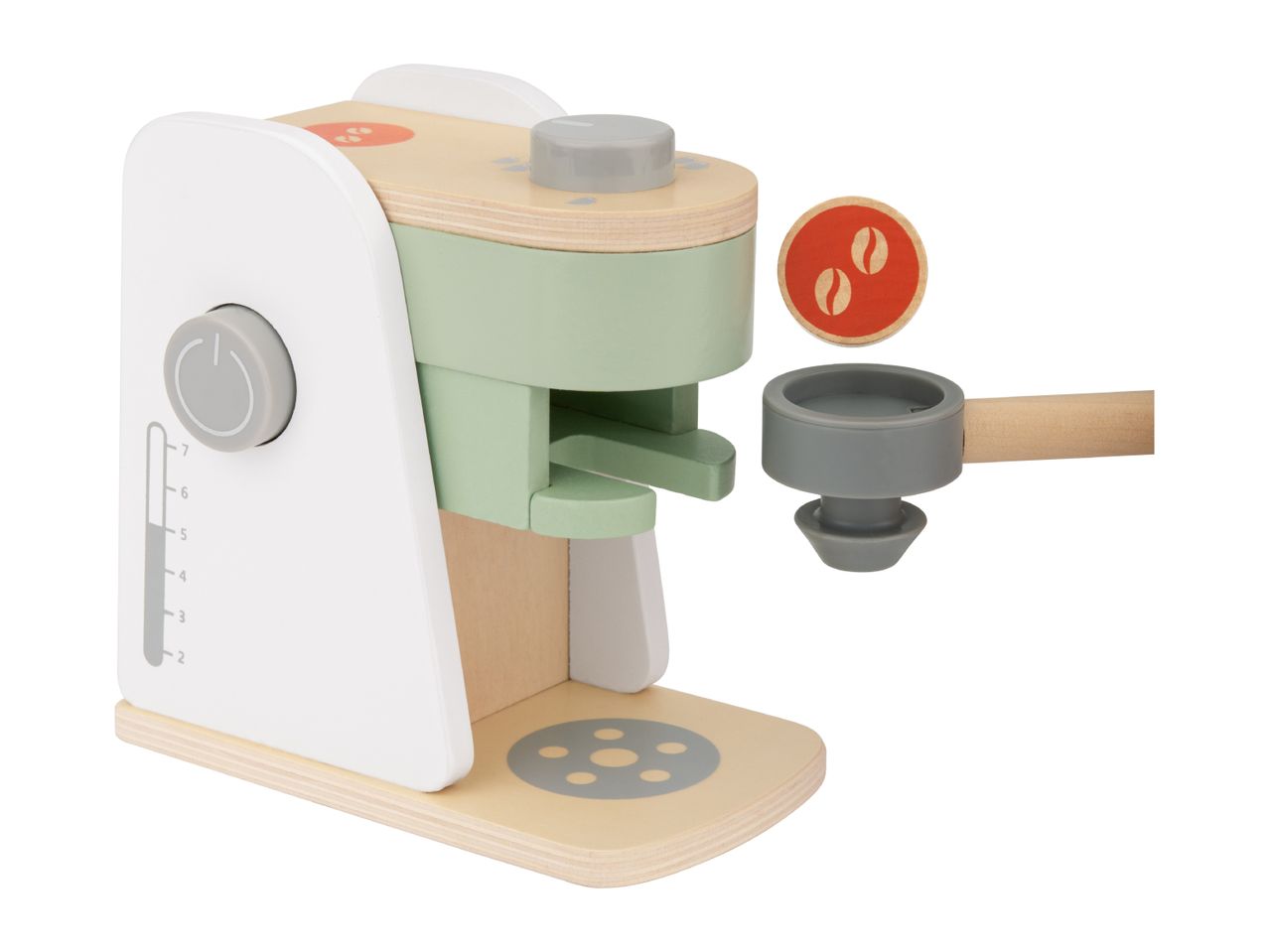 Wooden toy coffee machine with a portafilter and coffee bean disc.