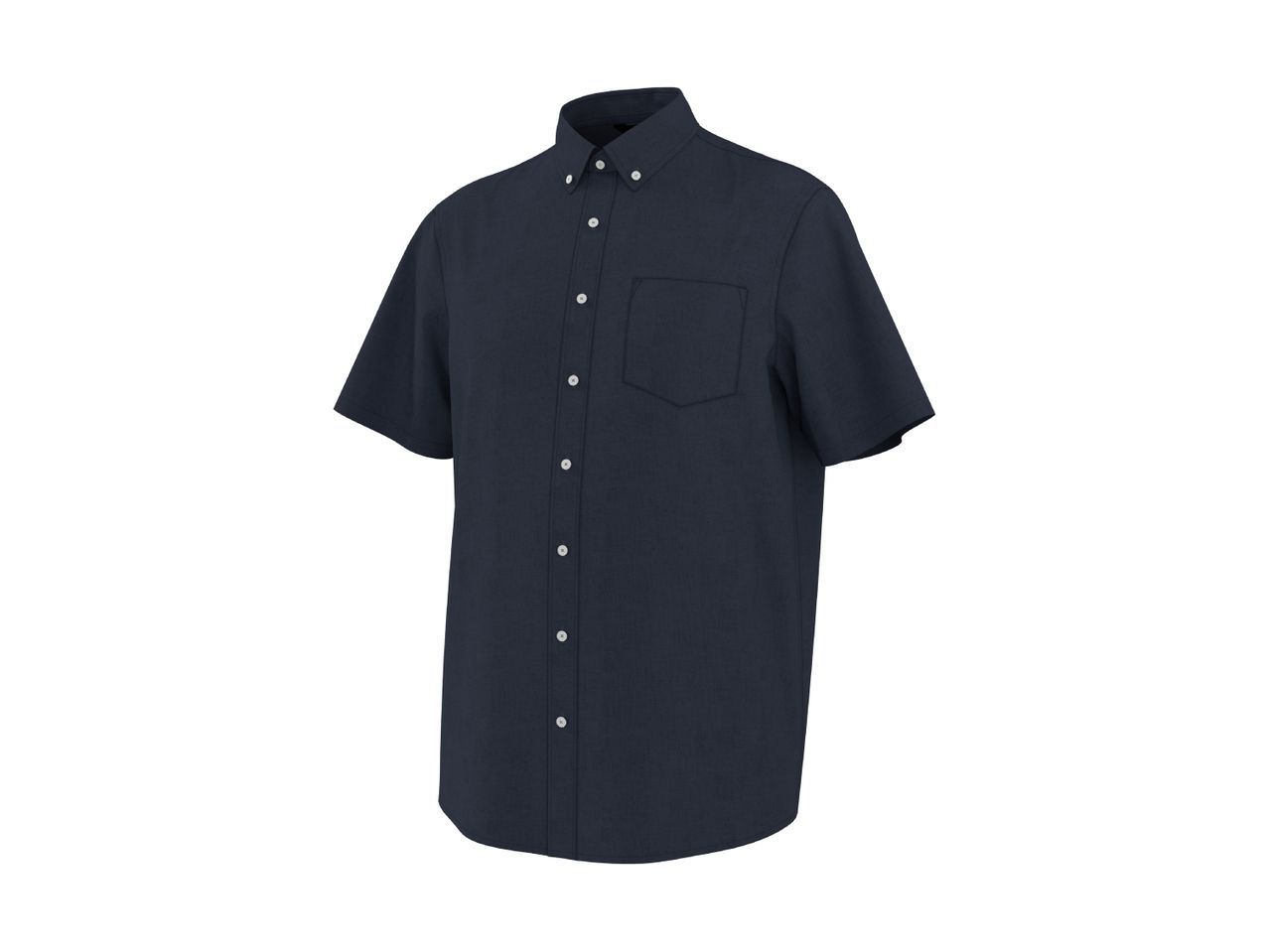 Dark blue short-sleeved button-down shirt with a collar and a chest pocket.
