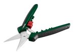 Green and black garden shears with a red locking mechanism and a spring