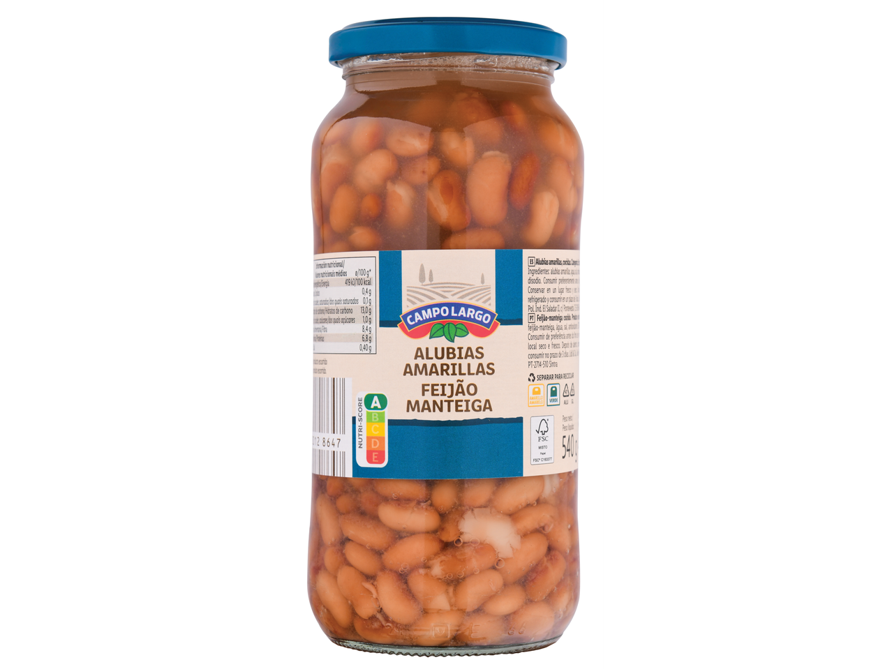 Feijão de Manteiga Campo Largo num frasco de vidro com tampa azul, mostrando informações nutricionais e Nutri-score A.