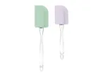 Two silicone spatulas, one light green and one light purple, with stainless steel handles.