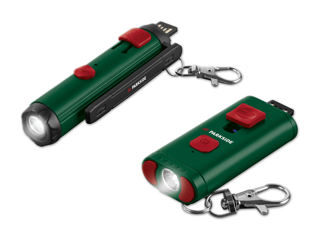 Zwei Bosch Schlüsselanhänger-Taschenlampen mit roter Taste.