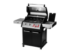 Three-burner gas grill, stainless steel, modern design.