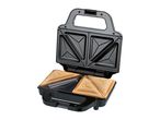 Open sandwich maker with two toasted sandwiches inside, isolated on white.