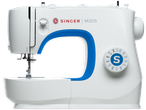 Máquina de costura SINGER M3205 branca com detalhes azuis e seletor de pontos.