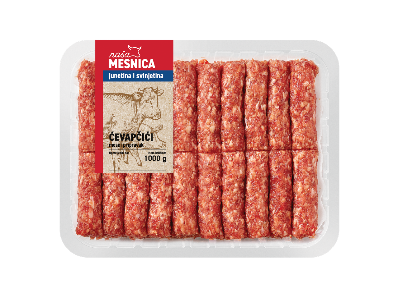 Pakiranje ćevapčića od junetine i svinjetine, neto težine 1000 g.