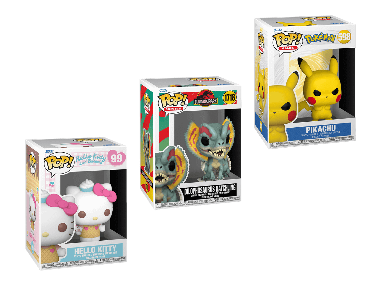 Kolme Funko Pop! -figuuria pakkauksissaan: Hello Kitty, Dilophosaurus Hatchling ja Pikachu.