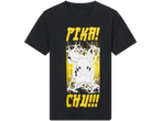 Camiseta preta com Pikachu e estampa amarela.