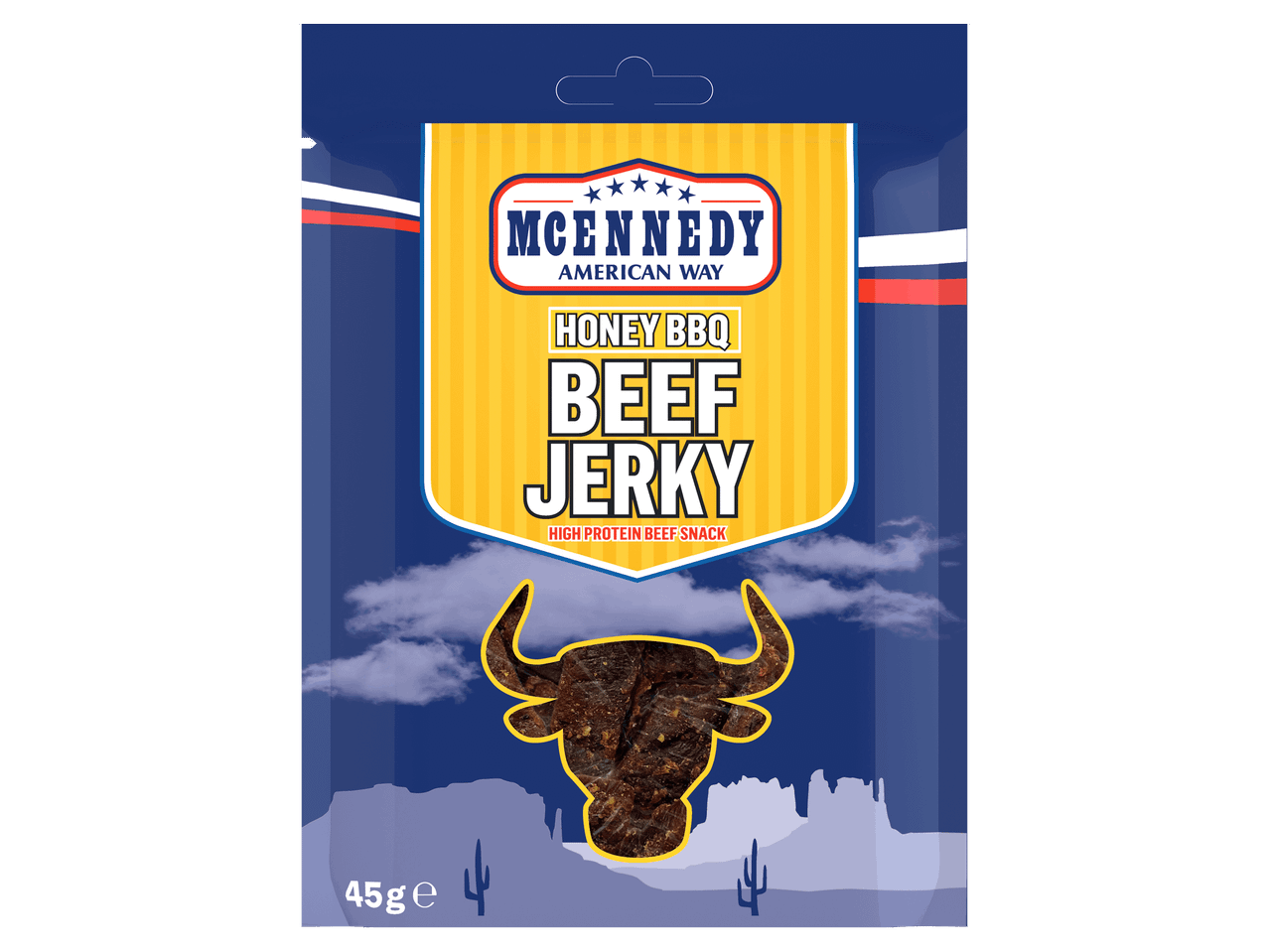 Mézes BBQ marhahús jerky kék csomagolásban, bikafej alakú ablakkal.