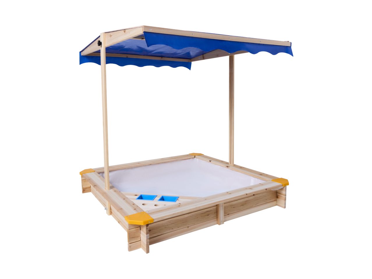 Wooden sandbox with a blue canopy and yellow corner accents, featuring two blue plastic containers.
