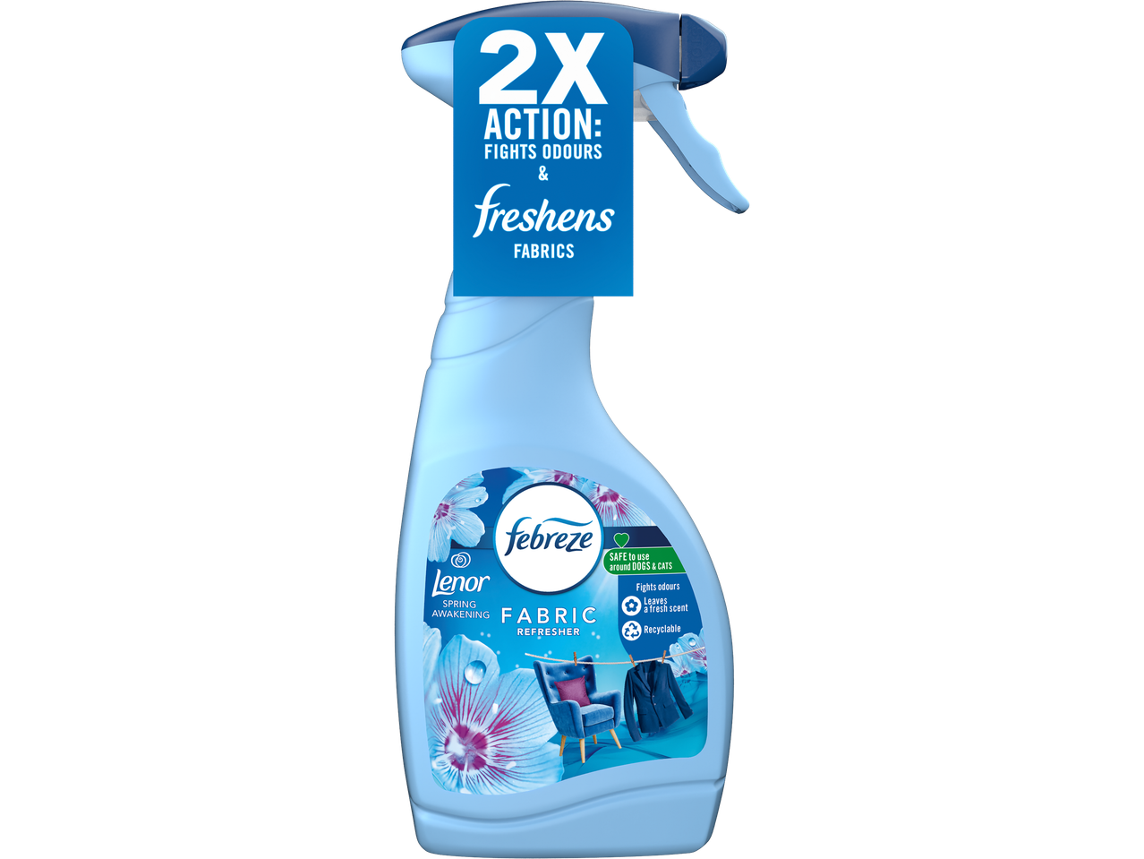 Febreze Fabric Refresher Spray with 2X action to fight odors and freshen fabrics.