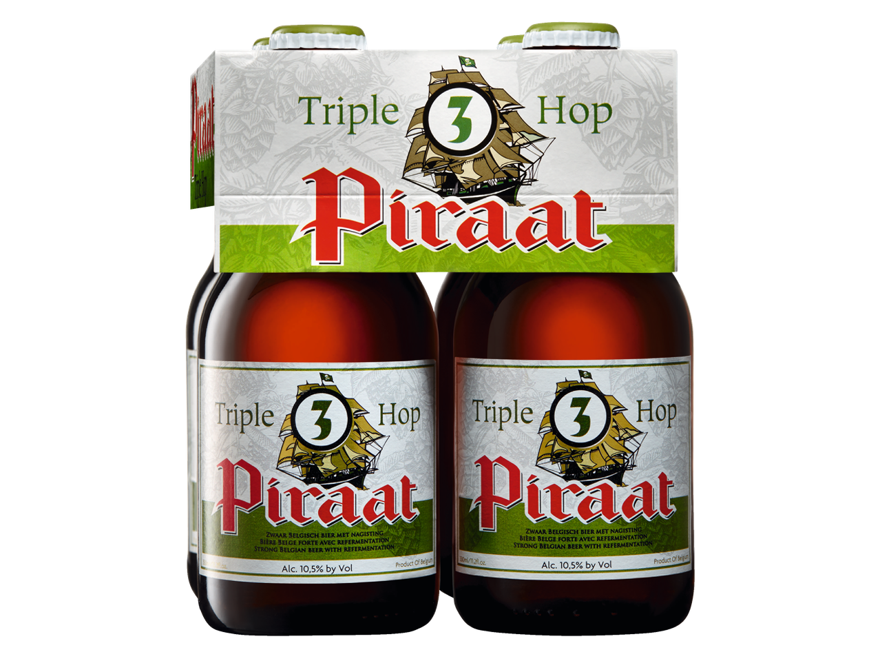 Quatro garrafas de cerveja Piraat Triple Hop.