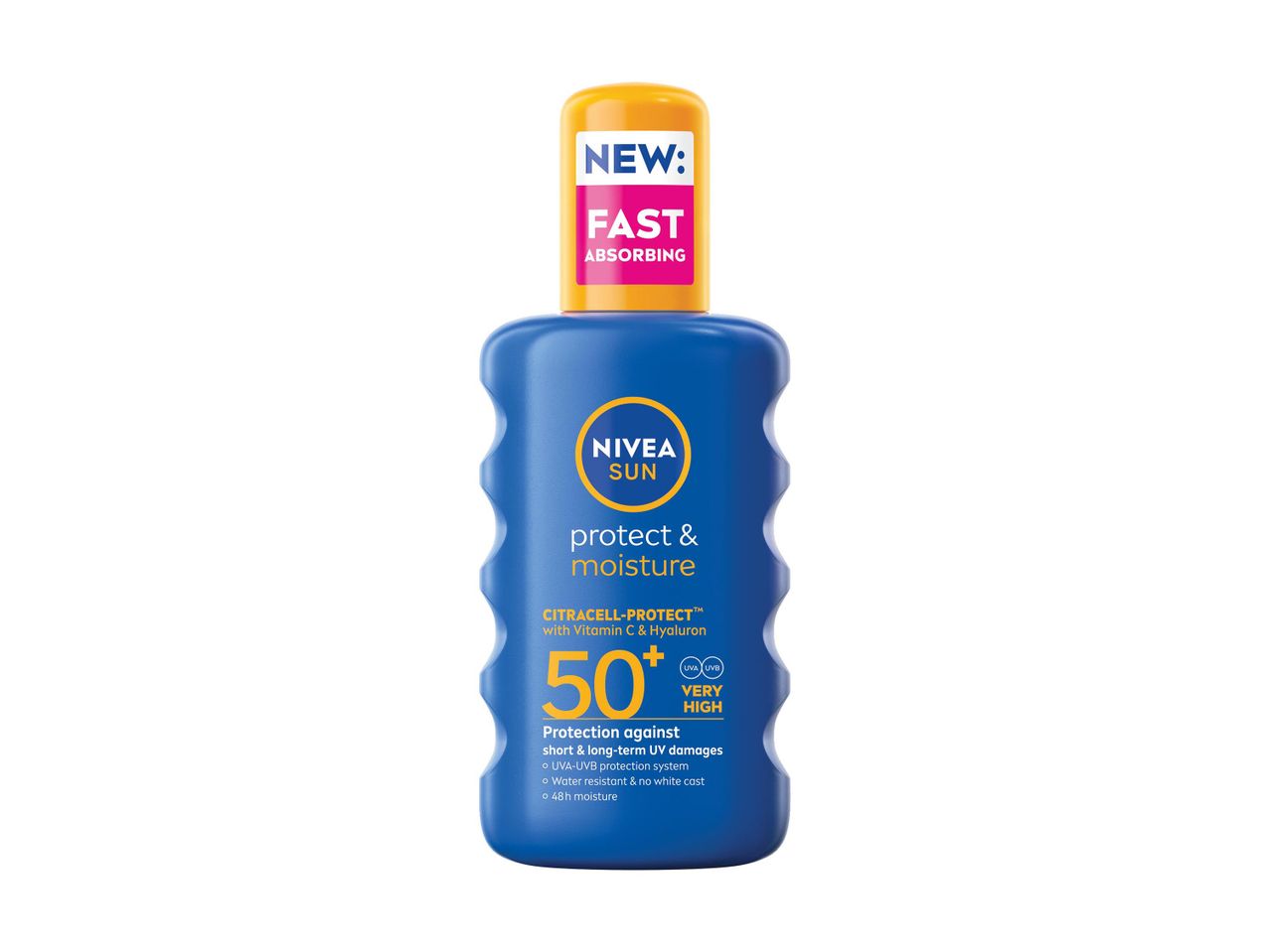 NIVEA SUN védő és hidratáló naptej, 50+ védelemmel.