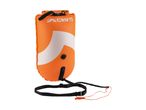 Orange swimming buoy with a white stripe, black straps, and an orange whistle.