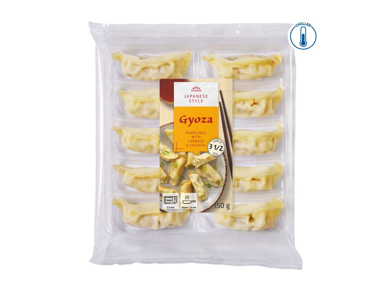 Chilled Japanese-style gyoza dumplings with cabbage and chicken, 150g.