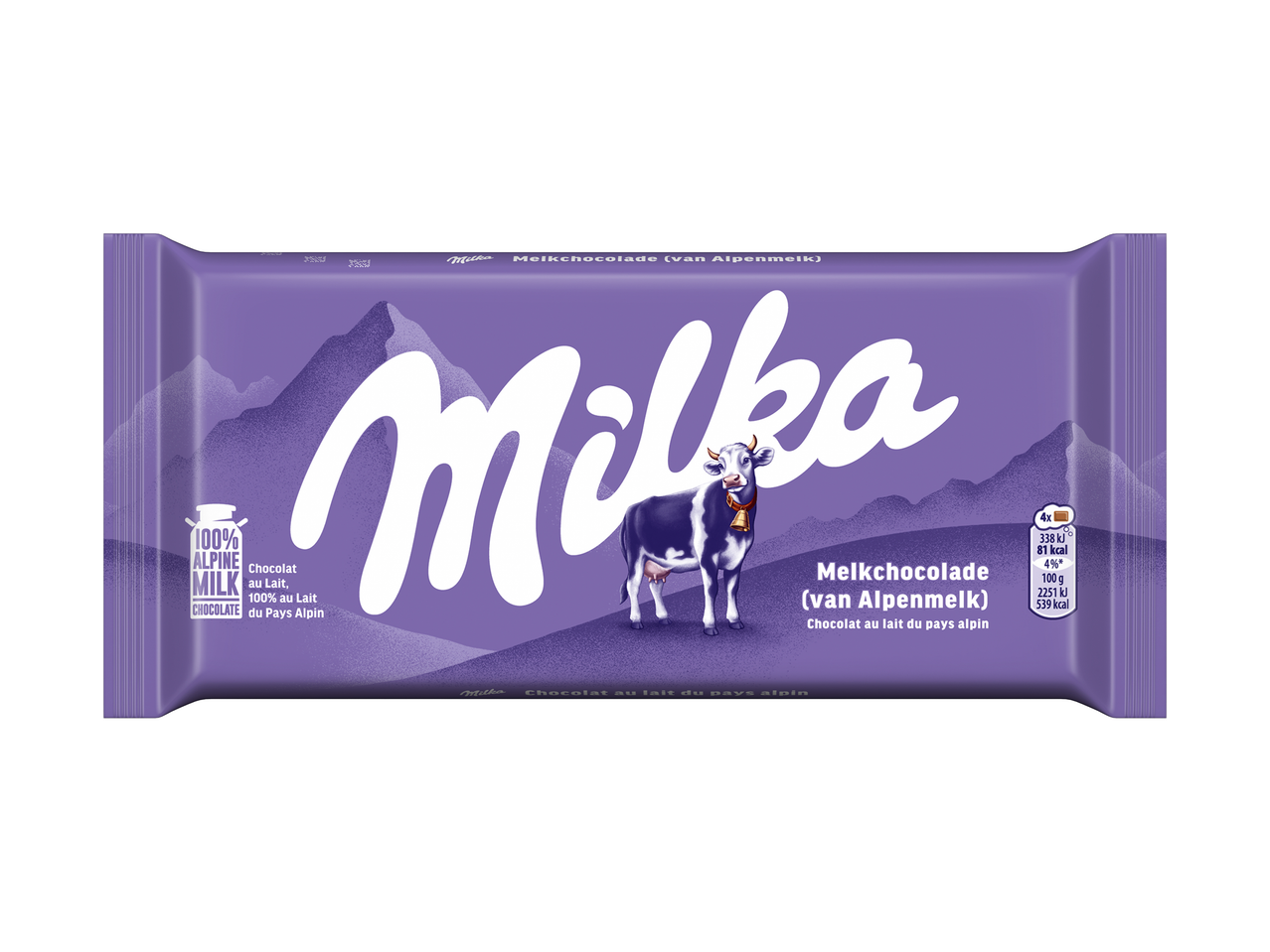 Paarse melkchocoladereep met een koe en bergen, met voedingsinformatie.
