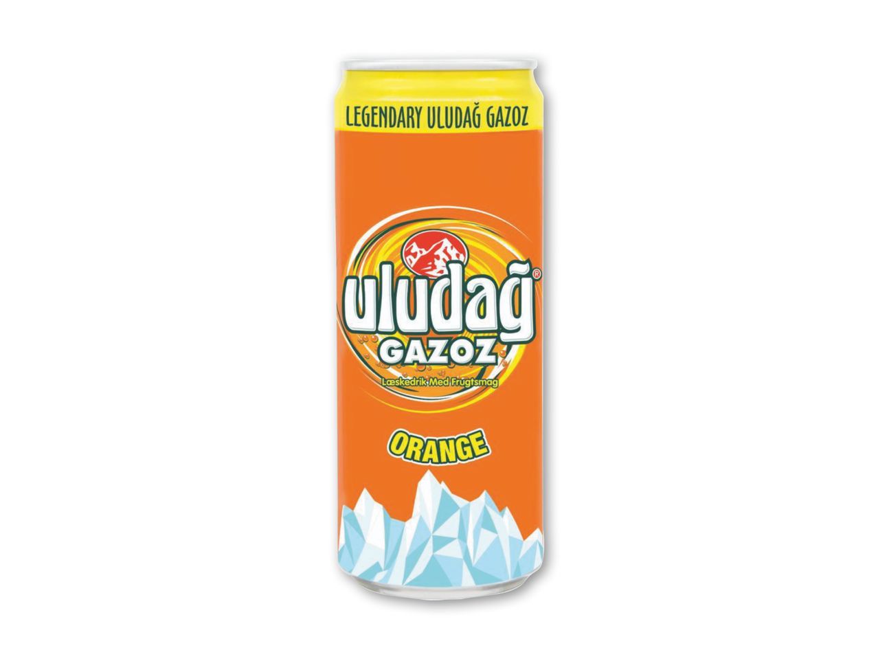 Orange sodavandsdåse med bjergmotiv og teksten 'Legendary Gazoz Orange'.