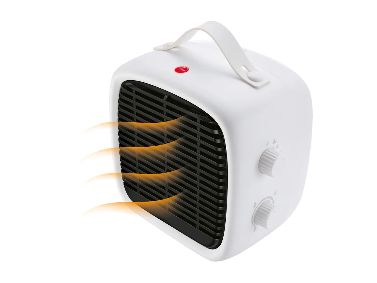 White portable electric fan heater with orange heat waves emanating from the front