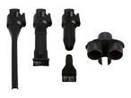 Set of black vacuum cleaner attachments, including crevice tools, brush nozzles, and an accessory holder.