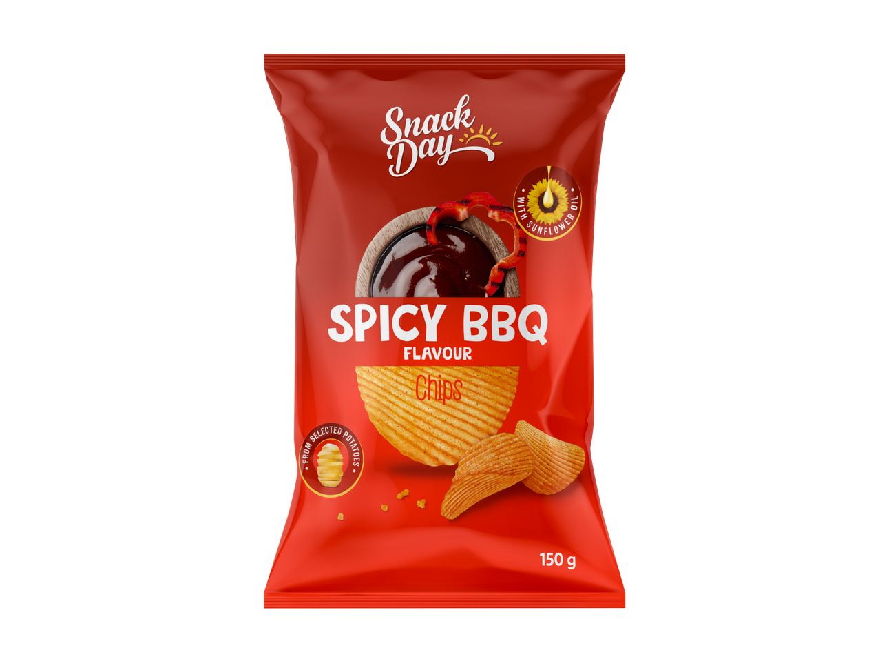 Piros chipszes zacskó „Spicy BBQ Chips” felirattal, 150g