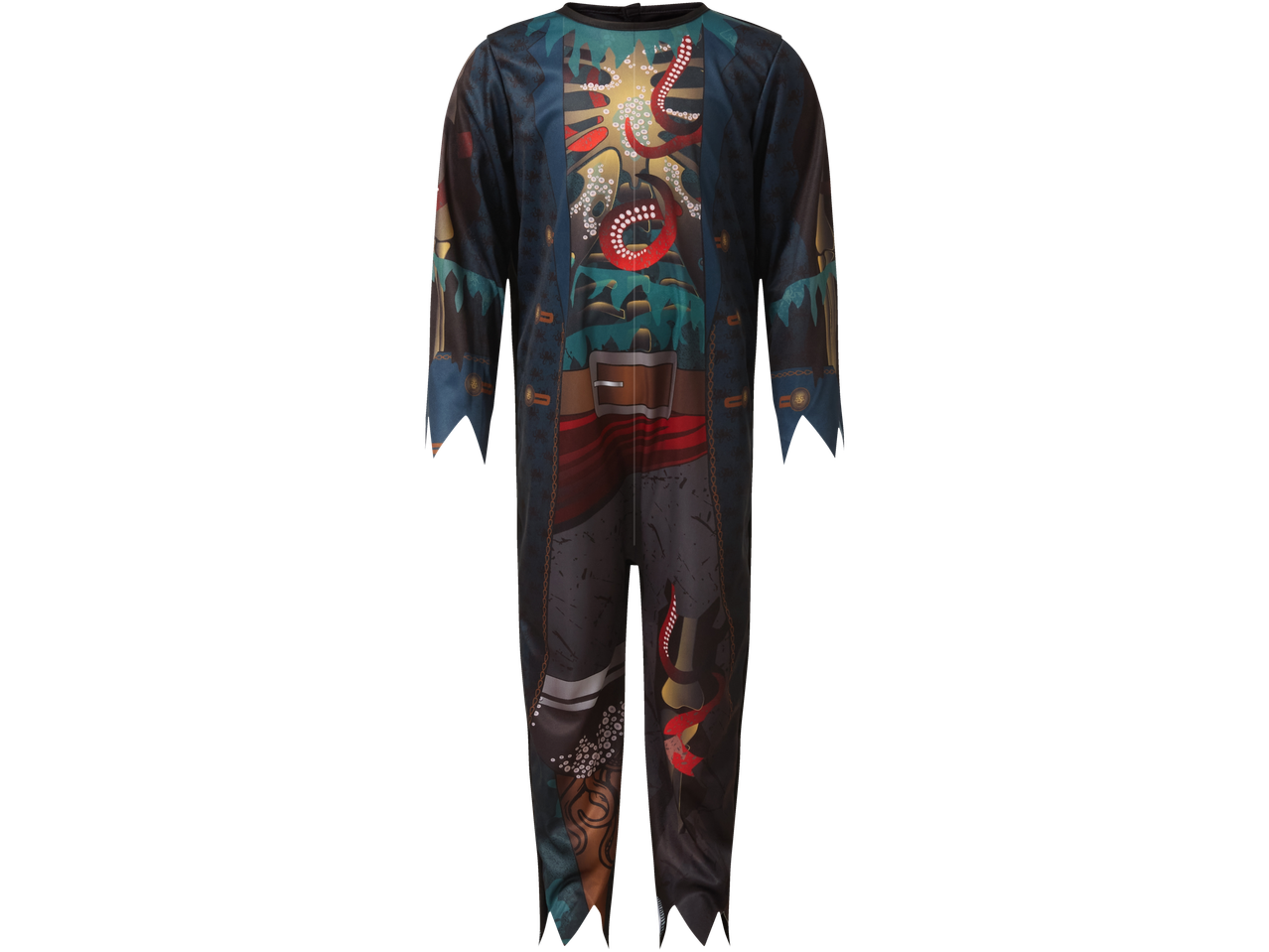 Pirate-inspired jumpsuit with octopus and treasure chest design.