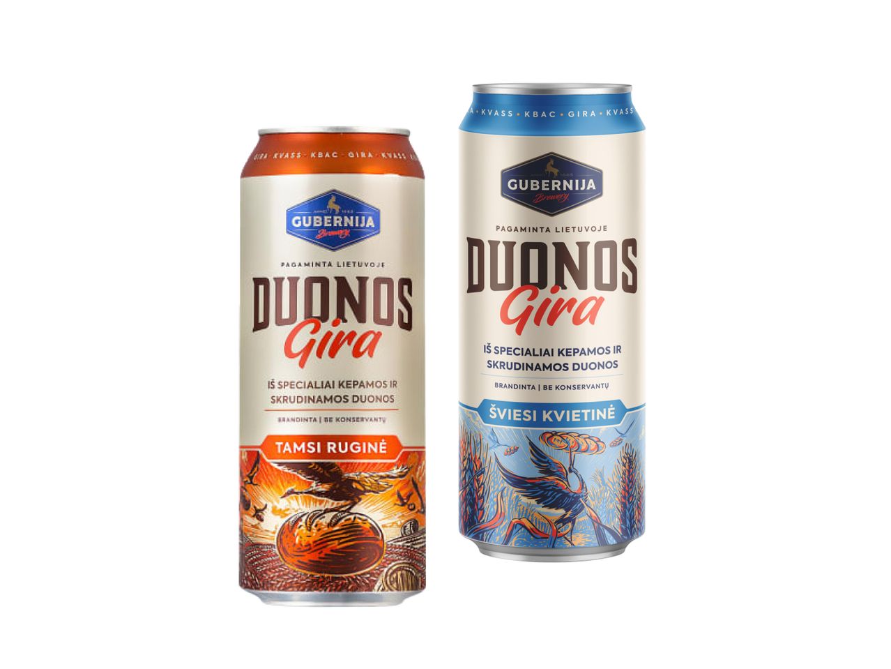 Dvi 'Duonos Gėris' alaus skardinės: viena šviesi, kita tamsi.