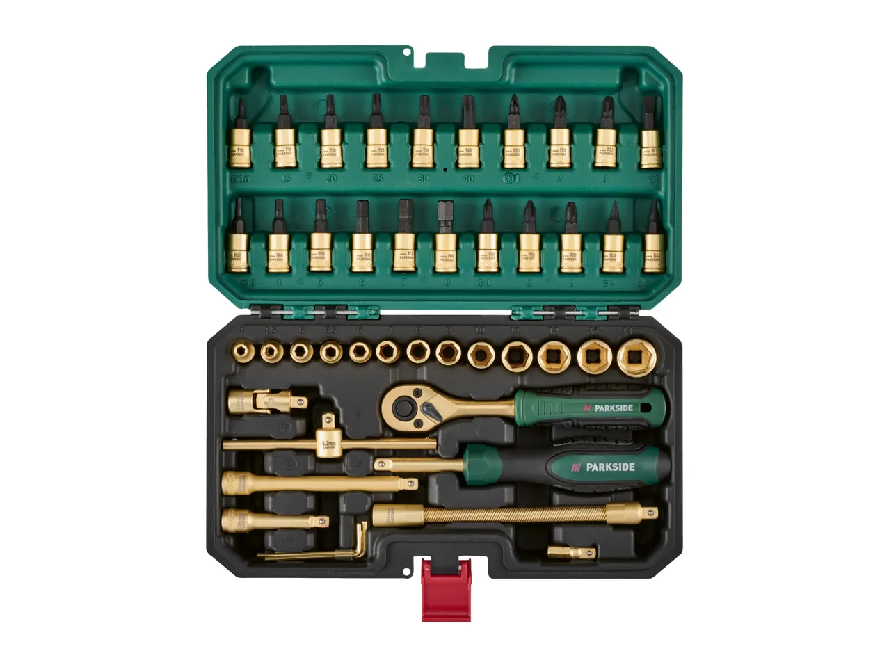 A 46-piece socket and bit set in a green and black case, featuring gold-colored tools.