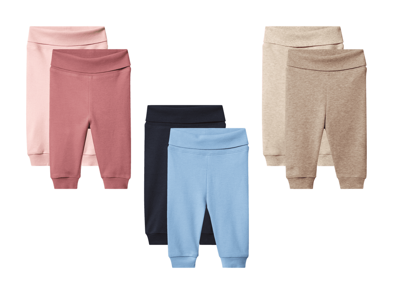 Sæt med tre par babybukser i lyserød, mørk rosa, mørkeblå, lyseblå, beige og brun.