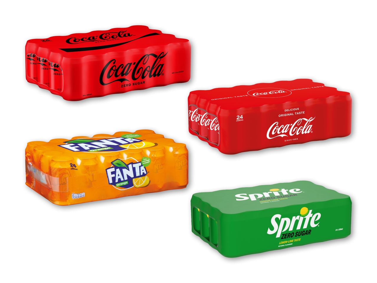 Fire pakker med 24 dåser sodavand, herunder to med cola, en med appelsin og en med citron-lime.