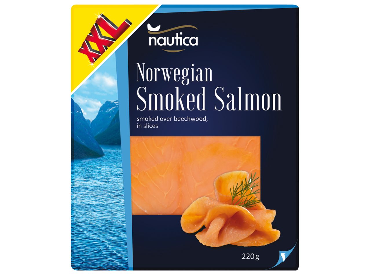 Опаковката на Nautica Норвежка пушена сьомга (220 g).