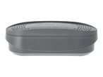 Grey dehumidifier with a perforated top, featuring a subtle logo on the front.