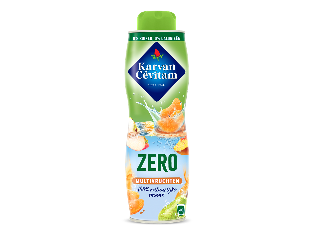 Fles multivruchtensiroop met 0% suiker en 0% calorieën, met afbeeldingen van fruit en water.