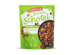 Veganistische Mexicaanse bonenschotel met zwarte en bruine bonen, groenten en een licht pittige saus.